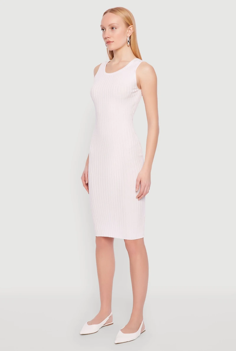 Womens Ribbed Knit Scoop Neck Midi Dress, White, Size L