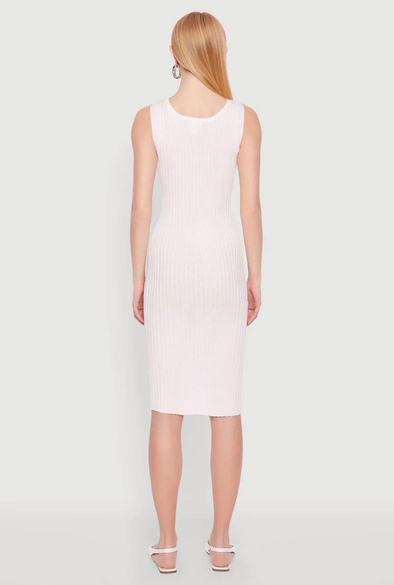 Womens Ribbed Knit Scoop Neck Midi Dress, White, Size L