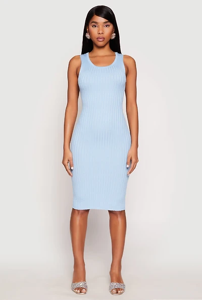 Womens Ribbed Knit Scoop Neck Midi Dress,