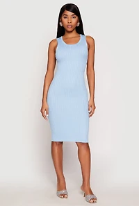 Womens Ribbed Knit Scoop Neck Midi Dress, Blue, Size M