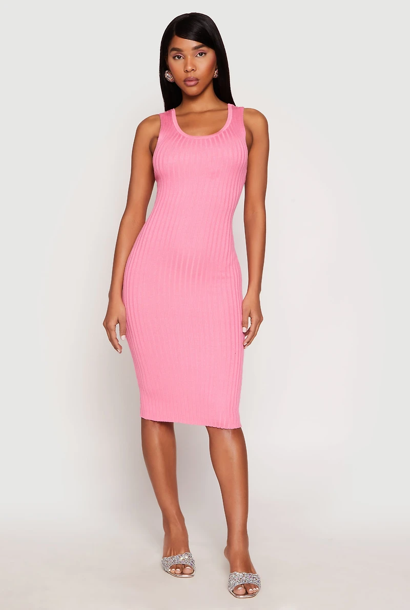 Womens Ribbed Knit Scoop Neck Midi Dress, Pink,