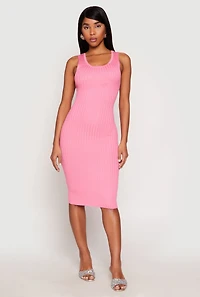 Womens Ribbed Knit Scoop Neck Midi Dress, Pink,