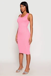 Womens Ribbed Knit Scoop Neck Midi Dress, Pink,