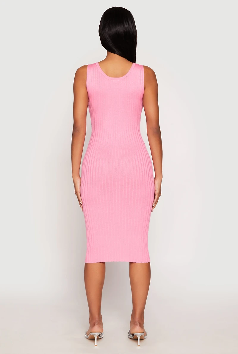 Womens Ribbed Knit Scoop Neck Midi Dress, Pink,