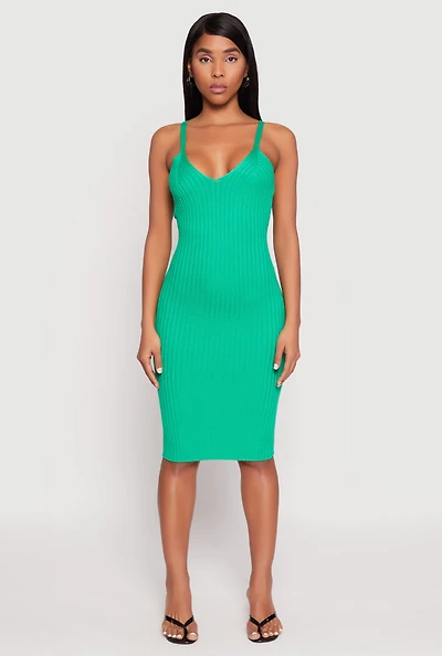 Womens Ribbed Knit V Neck Midi Dress, Green, Size M