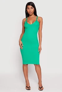 Womens Ribbed Knit V Neck Midi Dress, Green, Size M