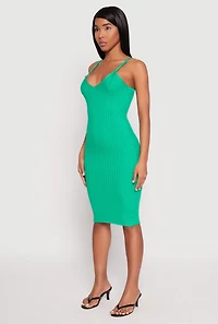 Womens Ribbed Knit V Neck Midi Dress, Green, Size M