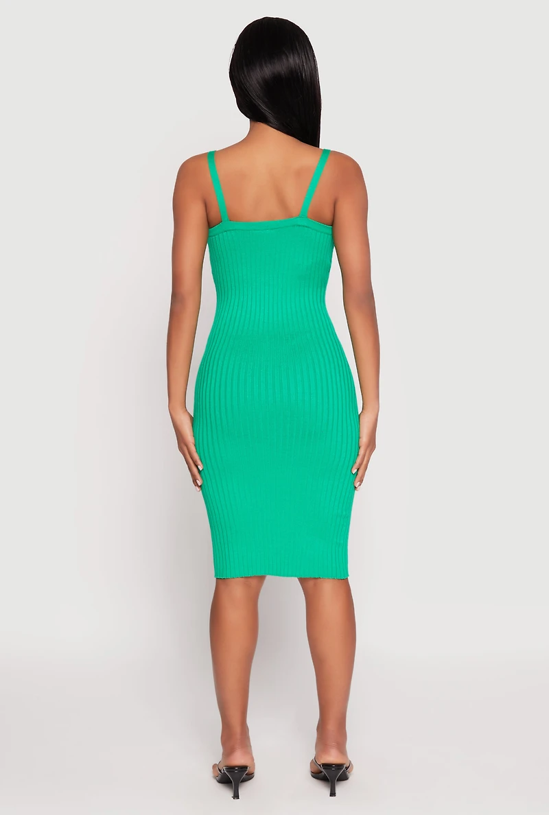 Womens Ribbed Knit V Neck Midi Dress, Green, Size M