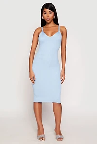 Womens Ribbed Knit V Neck Midi Dress, Blue, Size S