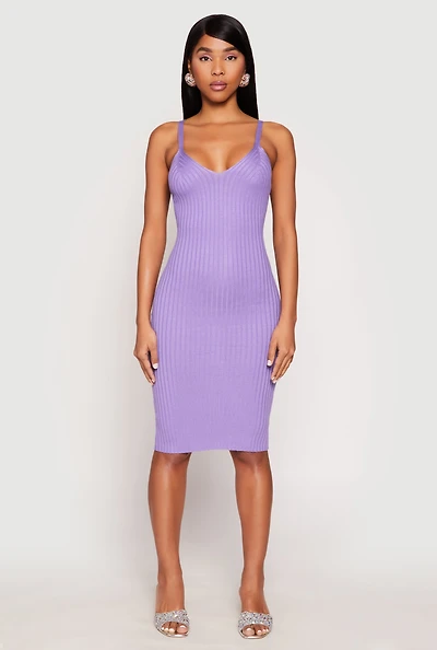 Womens Ribbed Knit V Neck Midi Dress, Purple, Size XL