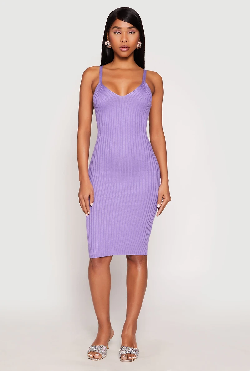 Womens Ribbed Knit V Neck Midi Dress, Purple, Size XL