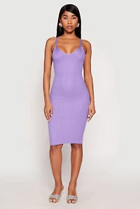 Womens Ribbed Knit V Neck Midi Dress, Purple, Size XL