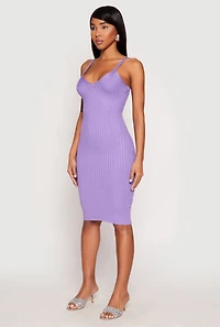 Womens Ribbed Knit V Neck Midi Dress, Purple, Size XL
