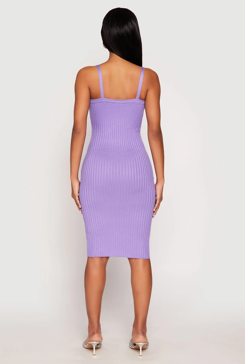 Womens Ribbed Knit V Neck Midi Dress, Purple, Size XL