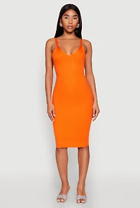 Womens Ribbed Knit V Neck Midi Dress, Orange, Size M