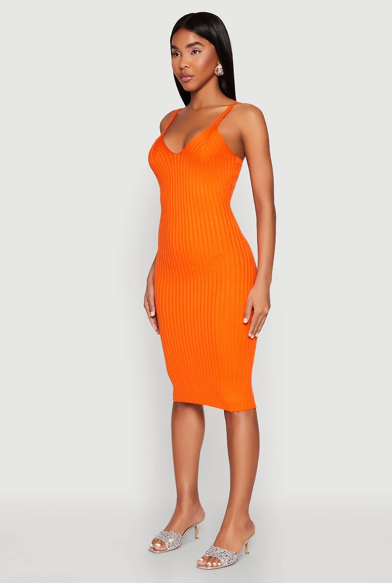 Womens Ribbed Knit V Neck Midi Dress, M