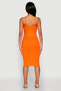 Womens Ribbed Knit V Neck Midi Dress, Orange, Size M