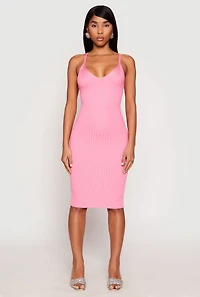 Womens Ribbed Knit V Neck Midi Dress, Pink, Size M