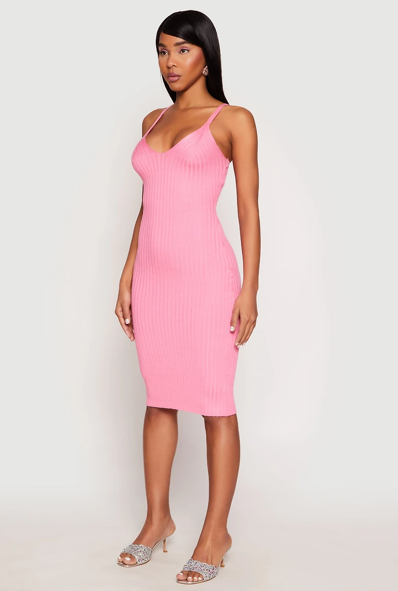 Womens Ribbed Knit V Neck Midi Dress, Pink, Size M