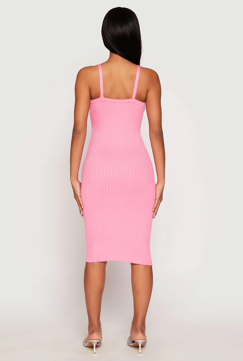 Womens Ribbed Knit V Neck Midi Dress, Pink, Size M