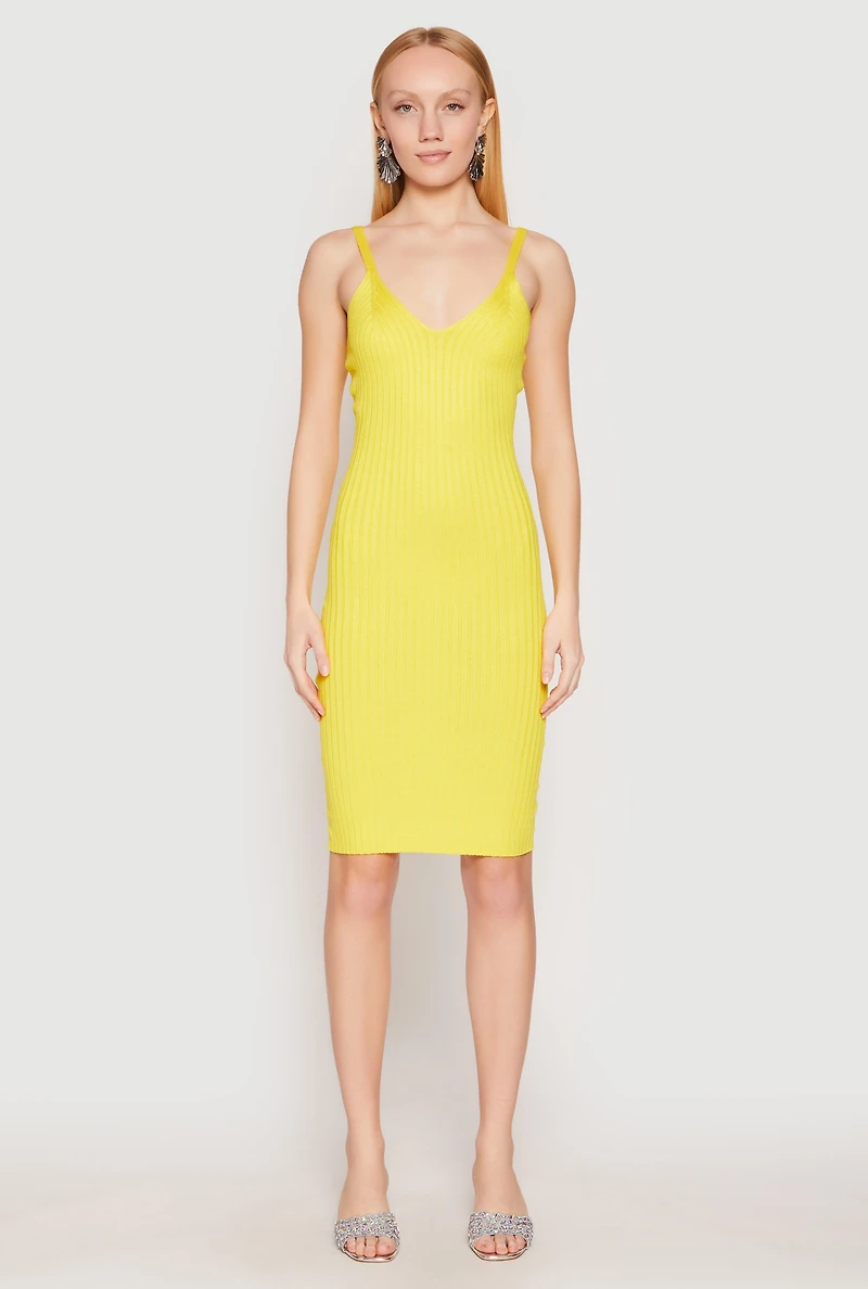 Womens Ribbed Knit V Neck Midi Dress, Yellow, Size S