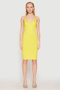 Womens Ribbed Knit V Neck Midi Dress, Yellow, Size S