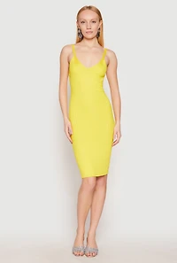 Womens Ribbed Knit V Neck Midi Dress, Yellow, Size M