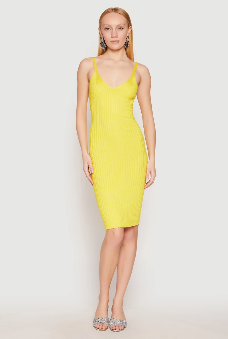 Womens Ribbed Knit V Neck Midi Dress, Yellow, Size S