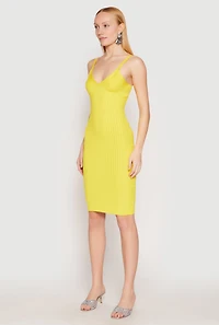 Womens Ribbed Knit V Neck Midi Dress, Yellow, Size M