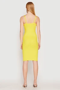 Womens Ribbed Knit V Neck Midi Dress, Yellow, Size M