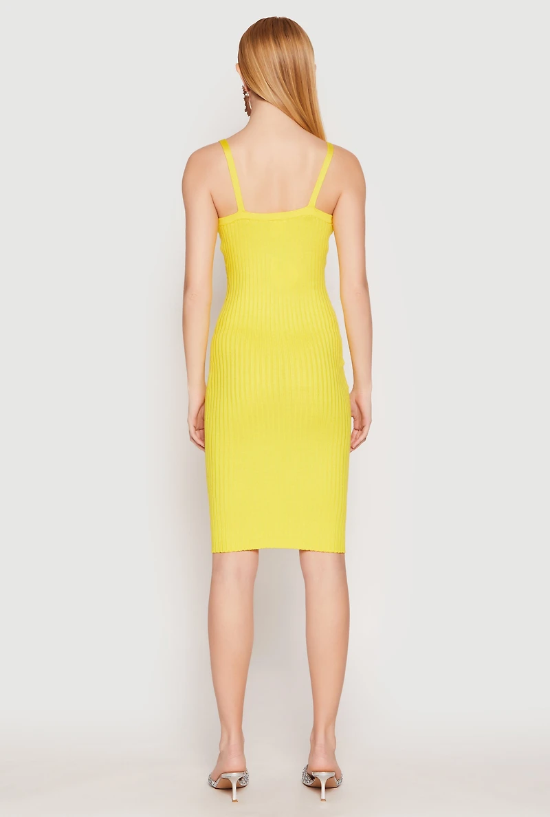 Womens Ribbed Knit V Neck Midi Dress, Yellow, Size S