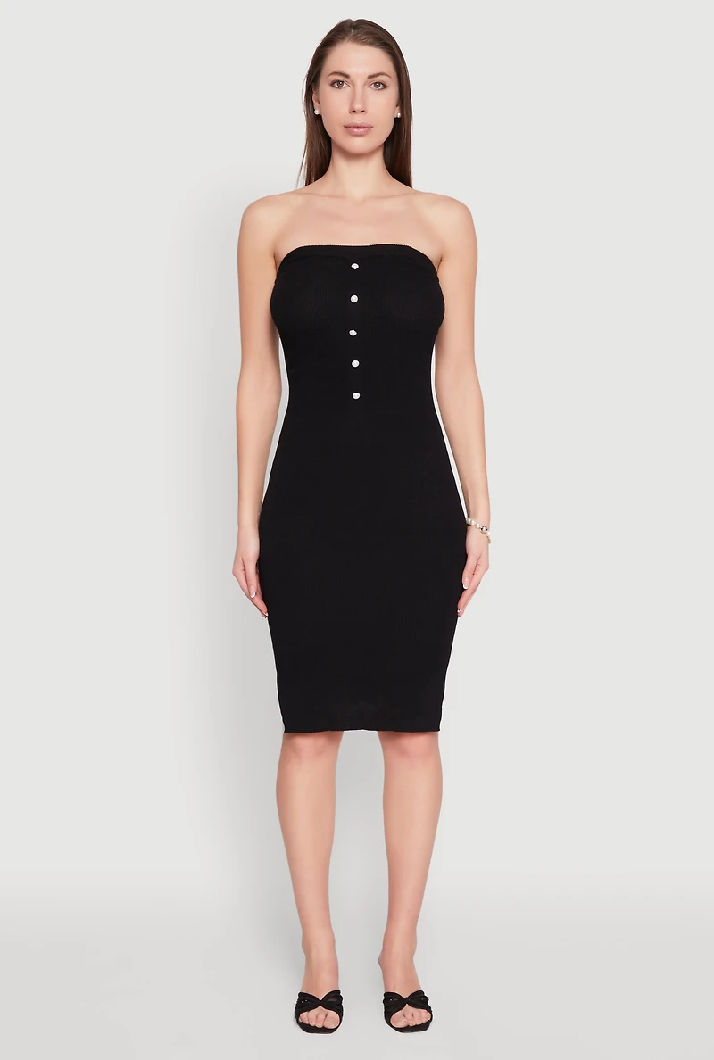 Womens Ribbed Knit Faux Pearl Detail Tube Dress,
