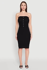 Womens Ribbed Knit Faux Pearl Detail Tube Dress,