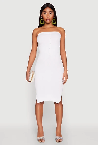Ribbed Knit Faux Pearl Detail Tube Dress