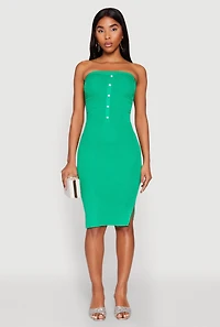 Womens Ribbed Knit Faux Pearl Detail Tube Dress,