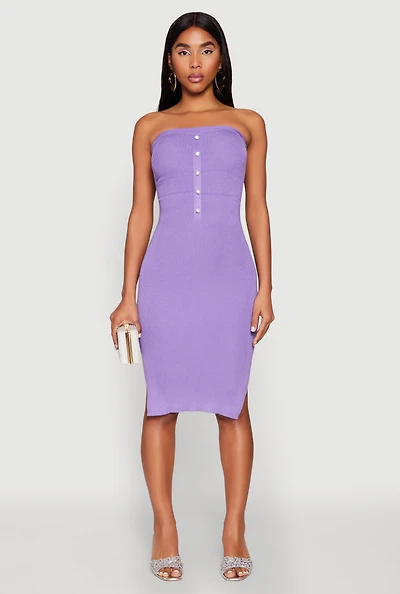 Womens Ribbed Knit Faux Pearl Detail Tube Dress,