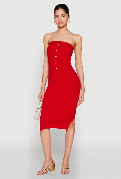 Womens Ribbed Knit Faux Pearl Detail Tube Dress, Red, Size L