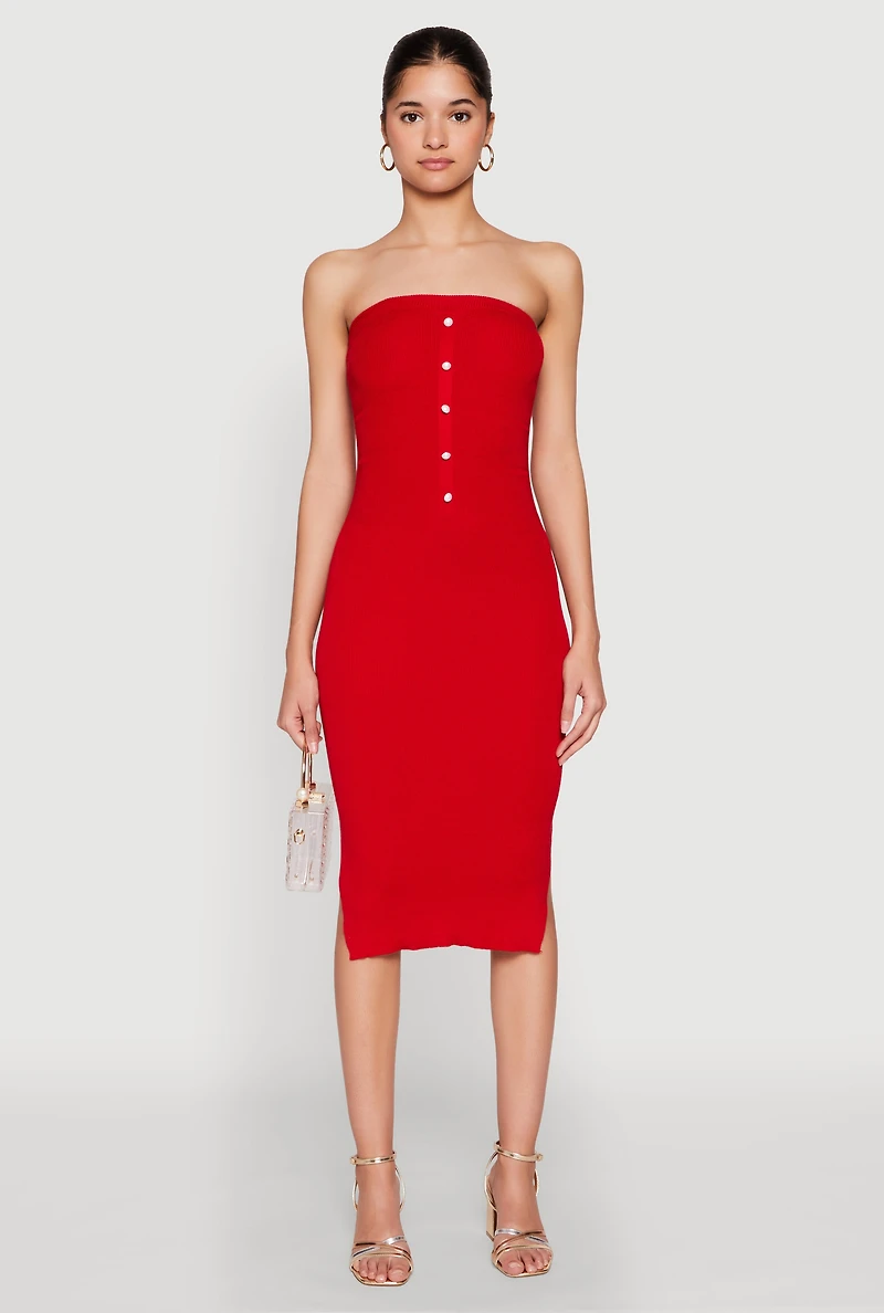 Womens Ribbed Knit Faux Pearl Detail Tube Dress, Red, Size S