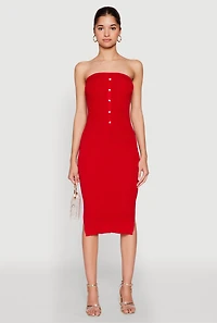 Womens Ribbed Knit Faux Pearl Detail Tube Dress, Red, Size S