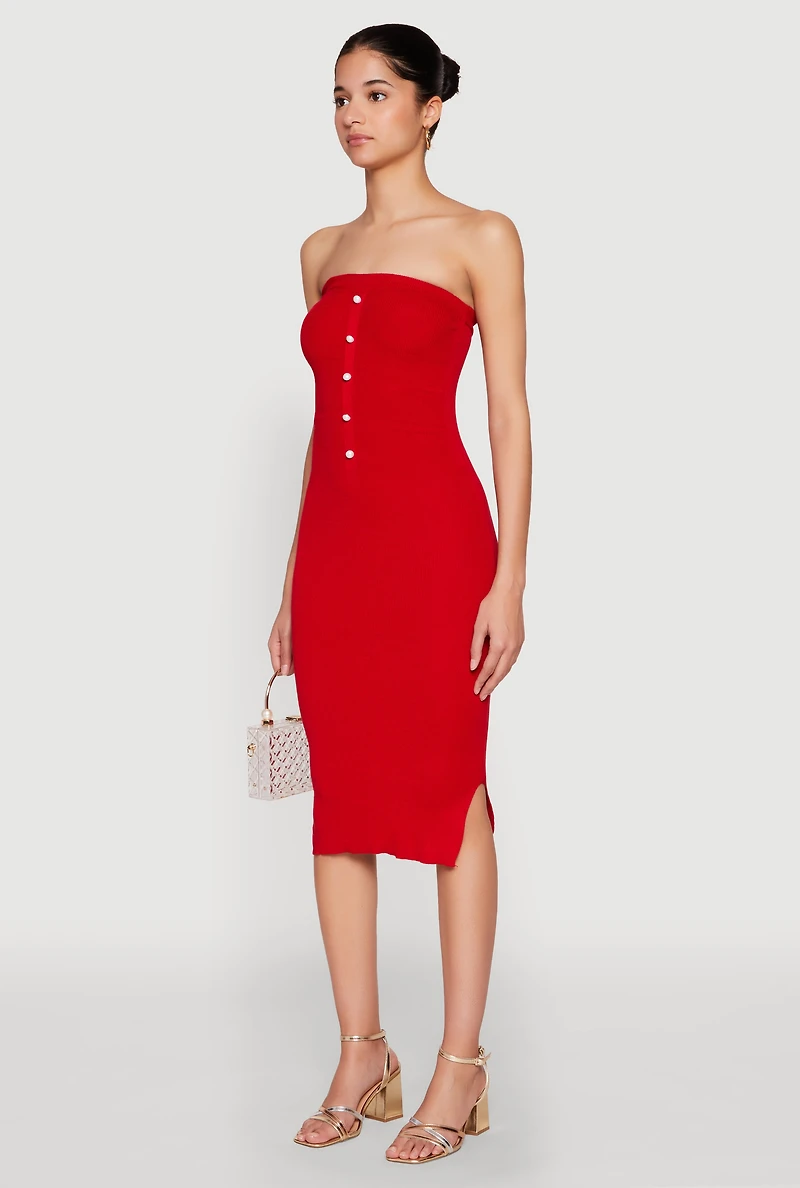 Womens Ribbed Knit Faux Pearl Detail Tube Dress, Red, Size L
