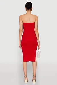 Womens Ribbed Knit Faux Pearl Detail Tube Dress, Red, Size S