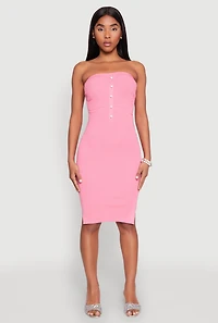 Womens Ribbed Knit Faux Pearl Detail Tube Dress, Pink, Size S