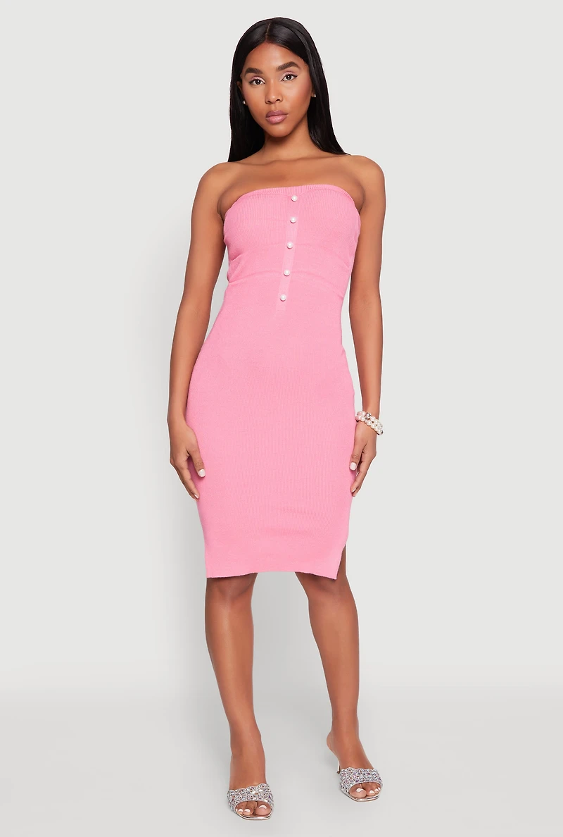 Womens Ribbed Knit Faux Pearl Detail Tube Dress, L