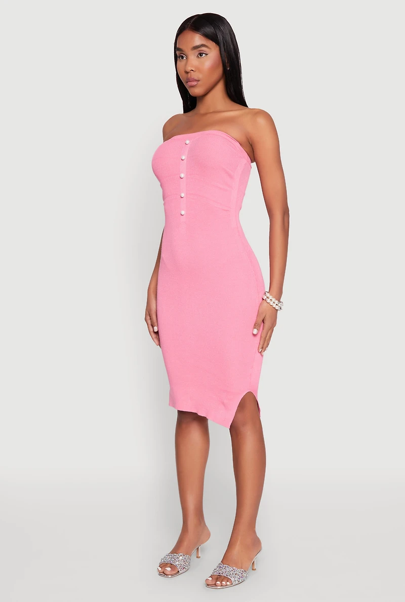 Womens Ribbed Knit Faux Pearl Detail Tube Dress, Pink, Size S
