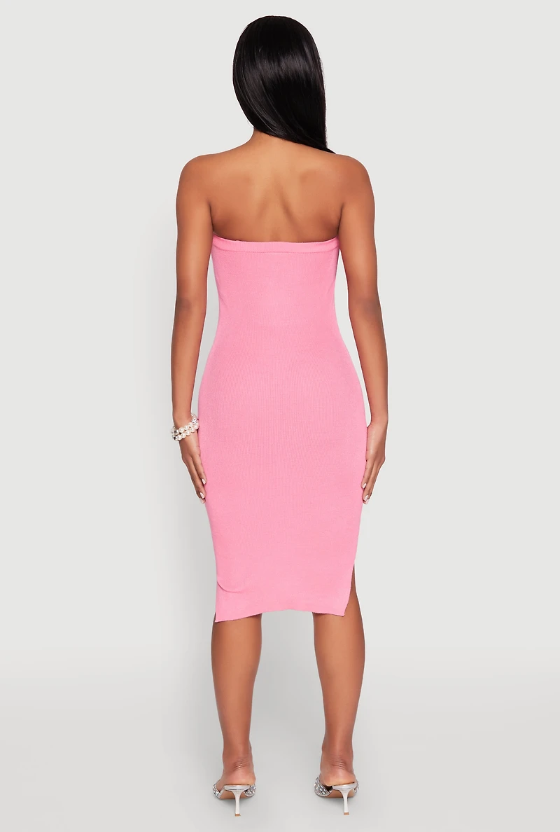 Womens Ribbed Knit Faux Pearl Detail Tube Dress, Pink, Size S
