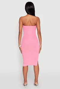Womens Ribbed Knit Faux Pearl Detail Tube Dress, Pink, Size S