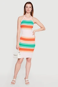 Striped Ribbed Knit Halter Mini Dress