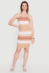 Striped Ribbed Knit Halter Mini Dress