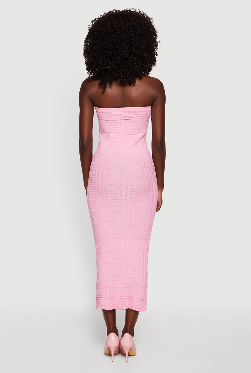 Greek Key Knit Strapless Midi Dress
