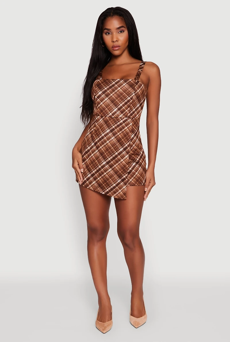 Womens Plaid Square Neck Sleeveless Romper, Brown, Size XL